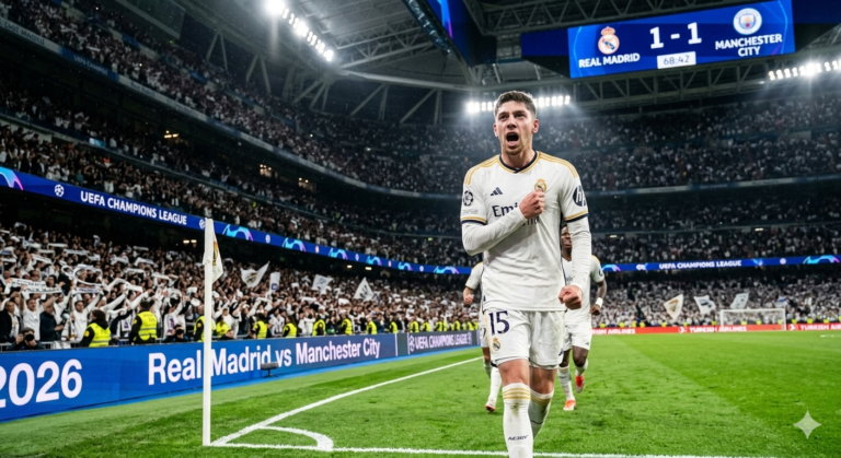 "نجم ريال مدريد فيديريكو فالفيردي يصرخ محتفلاً في مباراة مانشستر سيتي بدوري أبطال أوروبا 2026، مع خلفية تظهر لوحة النتيجة في استاد سانتياغو برنابيو وشعار موقع الحريفة."