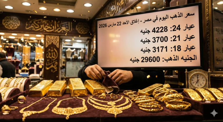 سعر الذهب اليوم في مصر الأحد 22 مارس 2026: استقرار حذر مع إغلاق الصاغة