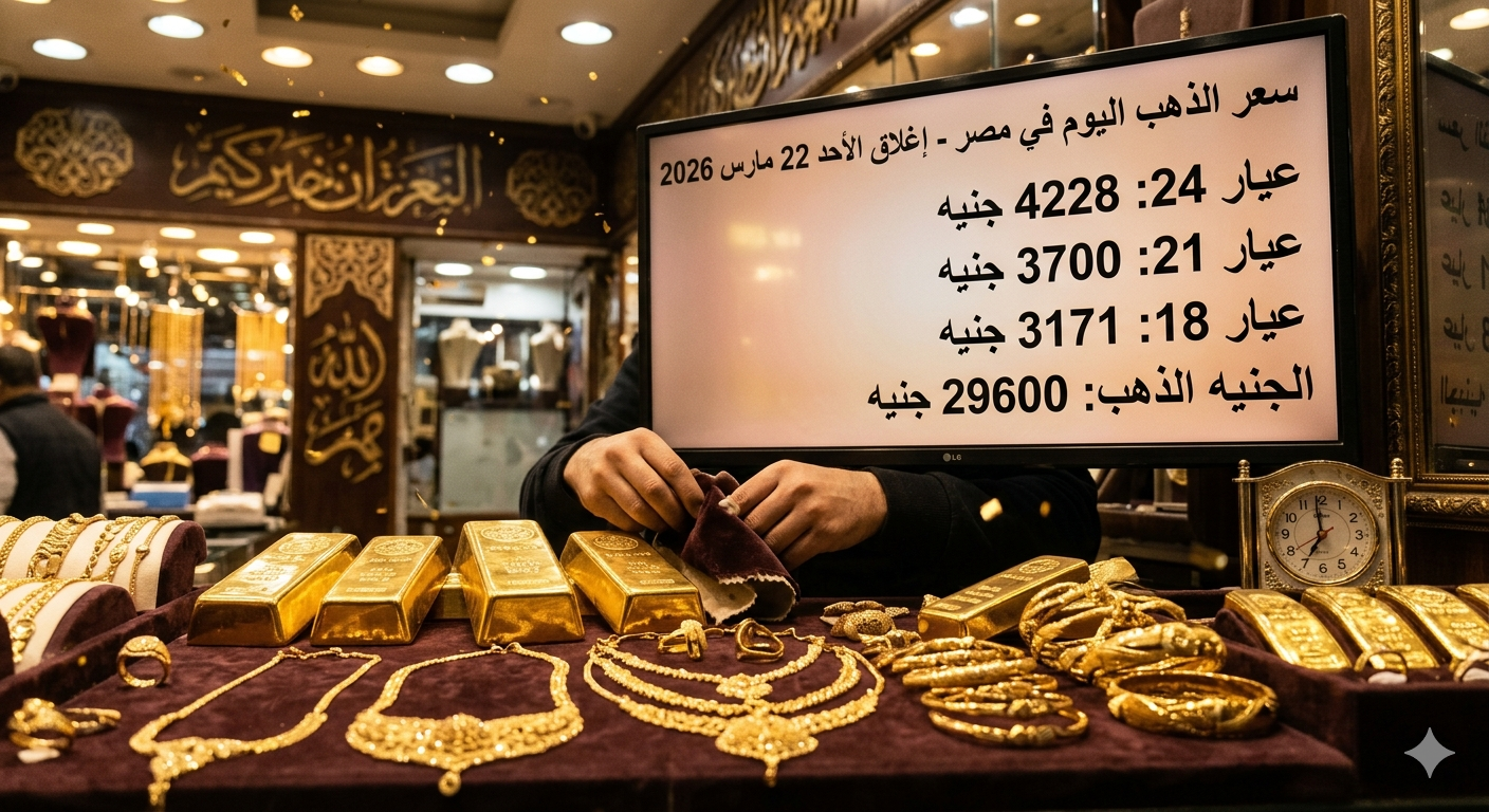 سعر الذهب اليوم في مصر الأحد 22 مارس 2026: استقرار حذر مع إغلاق الصاغة