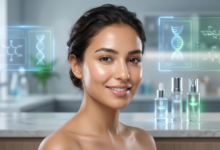 "امرأة شابة ببشرة زجاجية نضرة ومشرقة في مختبر تجميل متطور لعام 2026، تظهر بجانبها شاشات هولوغرامية تعرض جزيئات الحمض النووي (DNA) ومعادلات كيميائية، مع زجاجات سيروم فاخرة، تجسد مفهوم روتين العناية بالبشرة المخصص جينياً."
