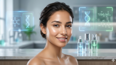 "امرأة شابة ببشرة زجاجية نضرة ومشرقة في مختبر تجميل متطور لعام 2026، تظهر بجانبها شاشات هولوغرامية تعرض جزيئات الحمض النووي (DNA) ومعادلات كيميائية، مع زجاجات سيروم فاخرة، تجسد مفهوم روتين العناية بالبشرة المخصص جينياً."
