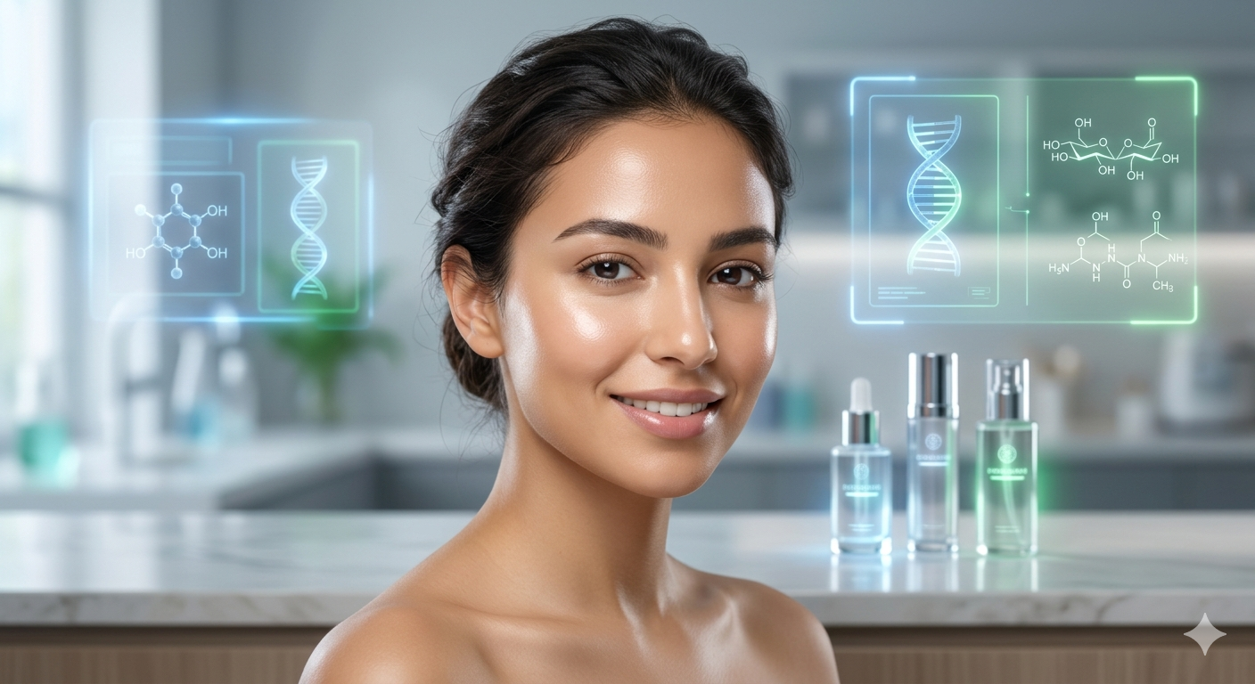 "امرأة شابة ببشرة زجاجية نضرة ومشرقة في مختبر تجميل متطور لعام 2026، تظهر بجانبها شاشات هولوغرامية تعرض جزيئات الحمض النووي (DNA) ومعادلات كيميائية، مع زجاجات سيروم فاخرة، تجسد مفهوم روتين العناية بالبشرة المخصص جينياً."