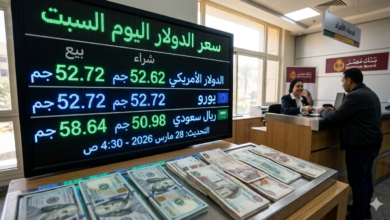 "شاشة عرض إلكترونية في بنك مصري توضح استقرار سعر الدولار اليوم السبت 28 مارس 2026 أمام الجنيه المصري، مع ظهور أوراق نقدية دولاريه ومصرية على المنضدة."