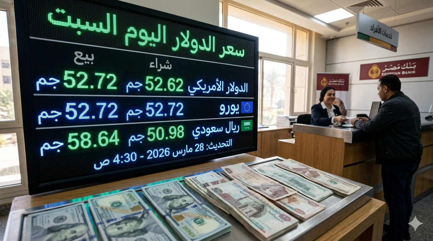 كواليس الأسواق: سعر الدولار اليوم السبت 28 مارس 2026 في مصر بالبنوك 1 "شاشة عرض إلكترونية في بنك مصري توضح استقرار سعر الدولار اليوم السبت 28 مارس 2026 أمام الجنيه المصري، مع ظهور أوراق نقدية دولاريه ومصرية على المنضدة."