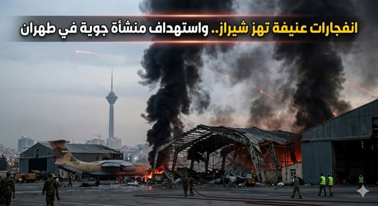 صورة توضح آثار استهداف منشأة جوية في طهران وتصاعد أعمدة الدخان من حظائر الطائرات عقب انفجارات عنيفة هزت العاصمة الإيرانية وشيراز فجر اليوم.