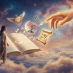 "لوحة فنية سريالية تعبر عن عالم تفسير الأحلام والرؤى، تظهر امرأة تمشي فوق سحاب ناعم بجوار كتاب ضخم مفتوح، ويحيط بها رموز طائرة مثل مفتاح ذهبي، ساعة بجناحين، وقمر، مع يد غامضة تتدلى من السماء في أجواء خيالية ساحرة."