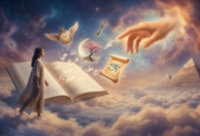 "لوحة فنية سريالية تعبر عن عالم تفسير الأحلام والرؤى، تظهر امرأة تمشي فوق سحاب ناعم بجوار كتاب ضخم مفتوح، ويحيط بها رموز طائرة مثل مفتاح ذهبي، ساعة بجناحين، وقمر، مع يد غامضة تتدلى من السماء في أجواء خيالية ساحرة."