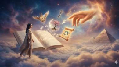 "لوحة فنية سريالية تعبر عن عالم تفسير الأحلام والرؤى، تظهر امرأة تمشي فوق سحاب ناعم بجوار كتاب ضخم مفتوح، ويحيط بها رموز طائرة مثل مفتاح ذهبي، ساعة بجناحين، وقمر، مع يد غامضة تتدلى من السماء في أجواء خيالية ساحرة."