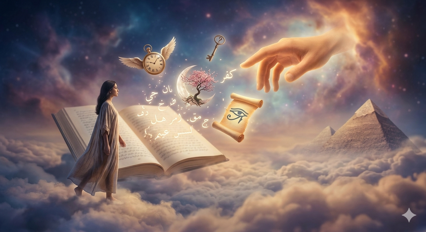 "لوحة فنية سريالية تعبر عن عالم تفسير الأحلام والرؤى، تظهر امرأة تمشي فوق سحاب ناعم بجوار كتاب ضخم مفتوح، ويحيط بها رموز طائرة مثل مفتاح ذهبي، ساعة بجناحين، وقمر، مع يد غامضة تتدلى من السماء في أجواء خيالية ساحرة."