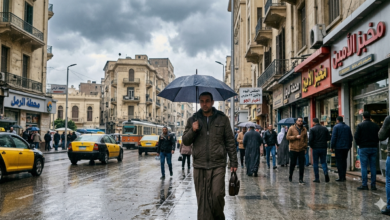 حالة الطقس اليوم الإثنين 23 مارس 2026 في شوارع الإسكندرية مع تساقط الأمطار ونشاط الرياح وظهور المشاة بالمظلات والملابس الشتوية.