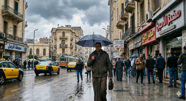 حالة الطقس اليوم الإثنين 23 مارس 2026 في شوارع الإسكندرية مع تساقط الأمطار ونشاط الرياح وظهور المشاة بالمظلات والملابس الشتوية.