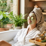"امرأة تستمتع بجلسة عناية بالبشرة داخل حوض استحمام، تضع ماسك طين أخضر طبيعي وشرائح خيار على عينيها، مع وجود أدوات العناية مثل العسل والصبار والشموع في أجواء هادئة تدل على الراحة والنضارة."