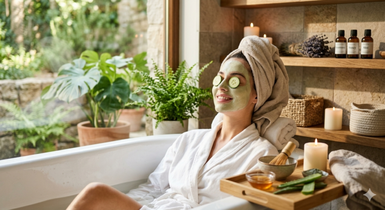 "امرأة تستمتع بجلسة عناية بالبشرة داخل حوض استحمام، تضع ماسك طين أخضر طبيعي وشرائح خيار على عينيها، مع وجود أدوات العناية مثل العسل والصبار والشموع في أجواء هادئة تدل على الراحة والنضارة."