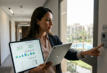 امرأة تستخدم جهاز لوحي في ممر