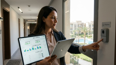 امرأة تستخدم جهاز لوحي في ممر