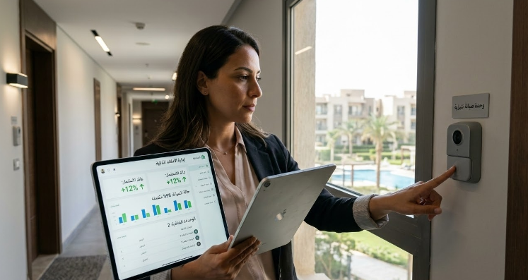 امرأة تستخدم جهاز لوحي في ممر