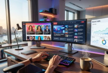 شخص يعمل على حاسوب مزدوج الشاشة