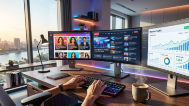 شخص يعمل على حاسوب مزدوج الشاشة