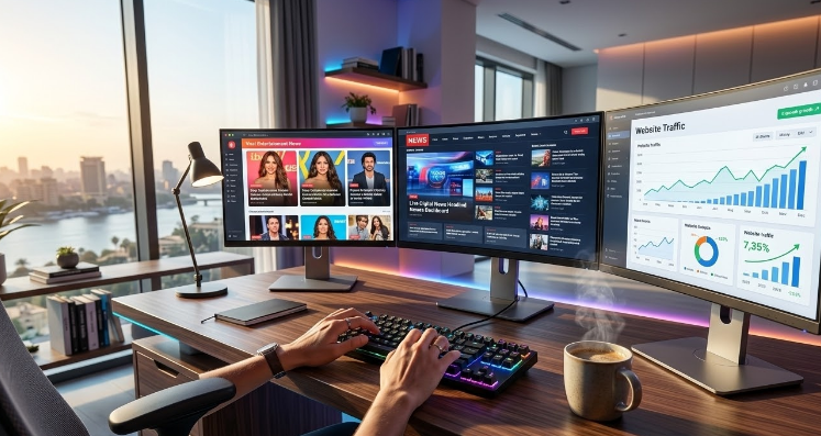 شخص يعمل على حاسوب مزدوج الشاشة